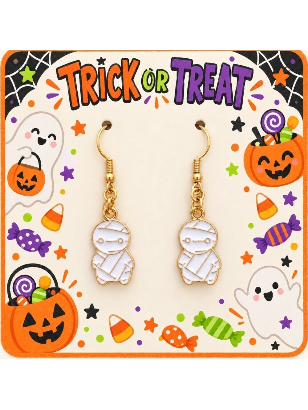 Cute & Spooky Trick-or-treat Mummy Halloween Fall Earrings